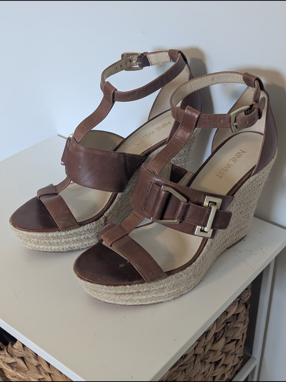 Nine West - Brown Leather T-Strap Espadrille Wedge Sandals